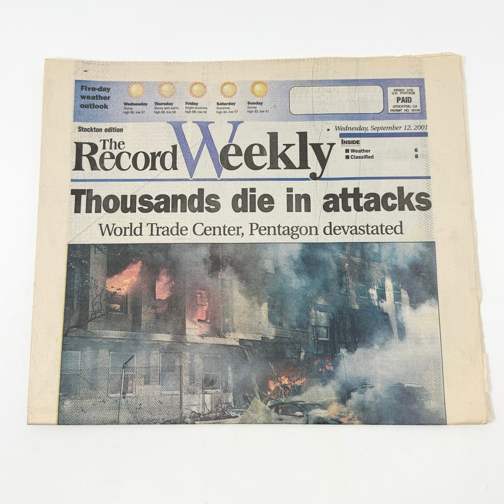 9/11 Newspaper Sept 12 2001 The Record Weekly Stockton World Trade Center